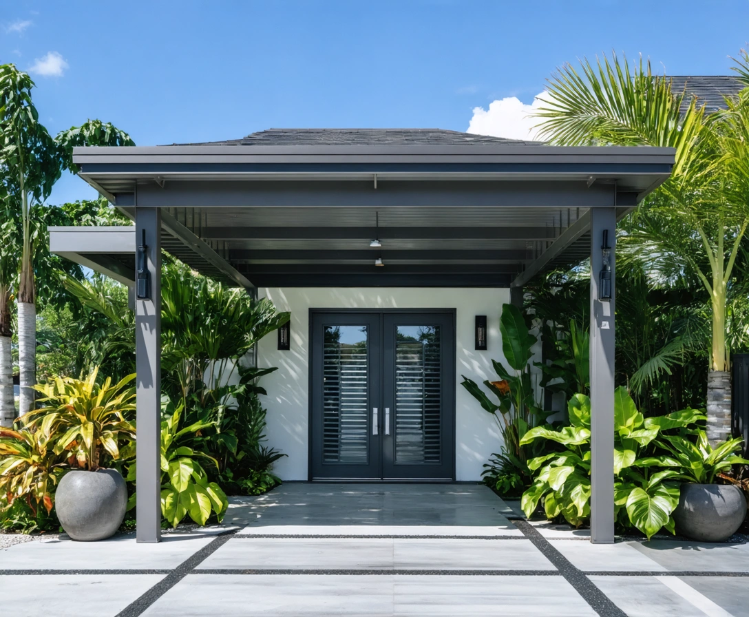 about-p2-1 Aluminum front entryway enclosure with gabled roof surrounded by tropical plants