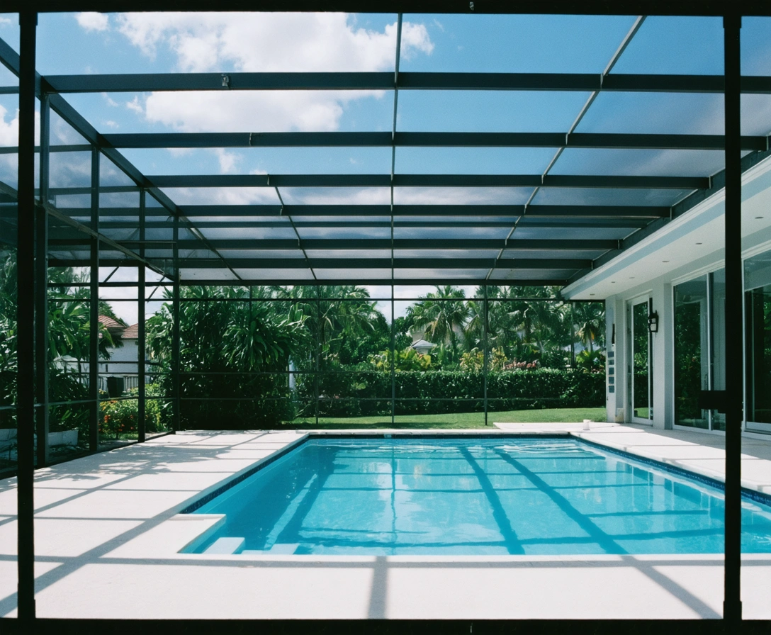about-p3-1 Inside view of a modern aluminum pool enclosure under clear blue sky