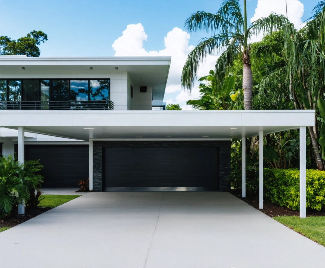 carports-p-2 Large Florida home with sleek aluminum carport and nearby tropical plants