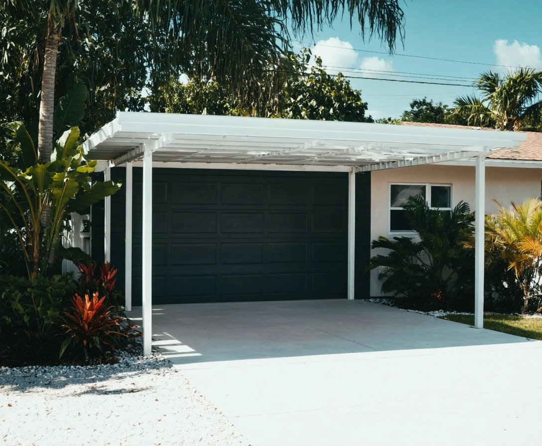 carports-p-3 Small Florida home with a sleek aluminum carport and tropical plants