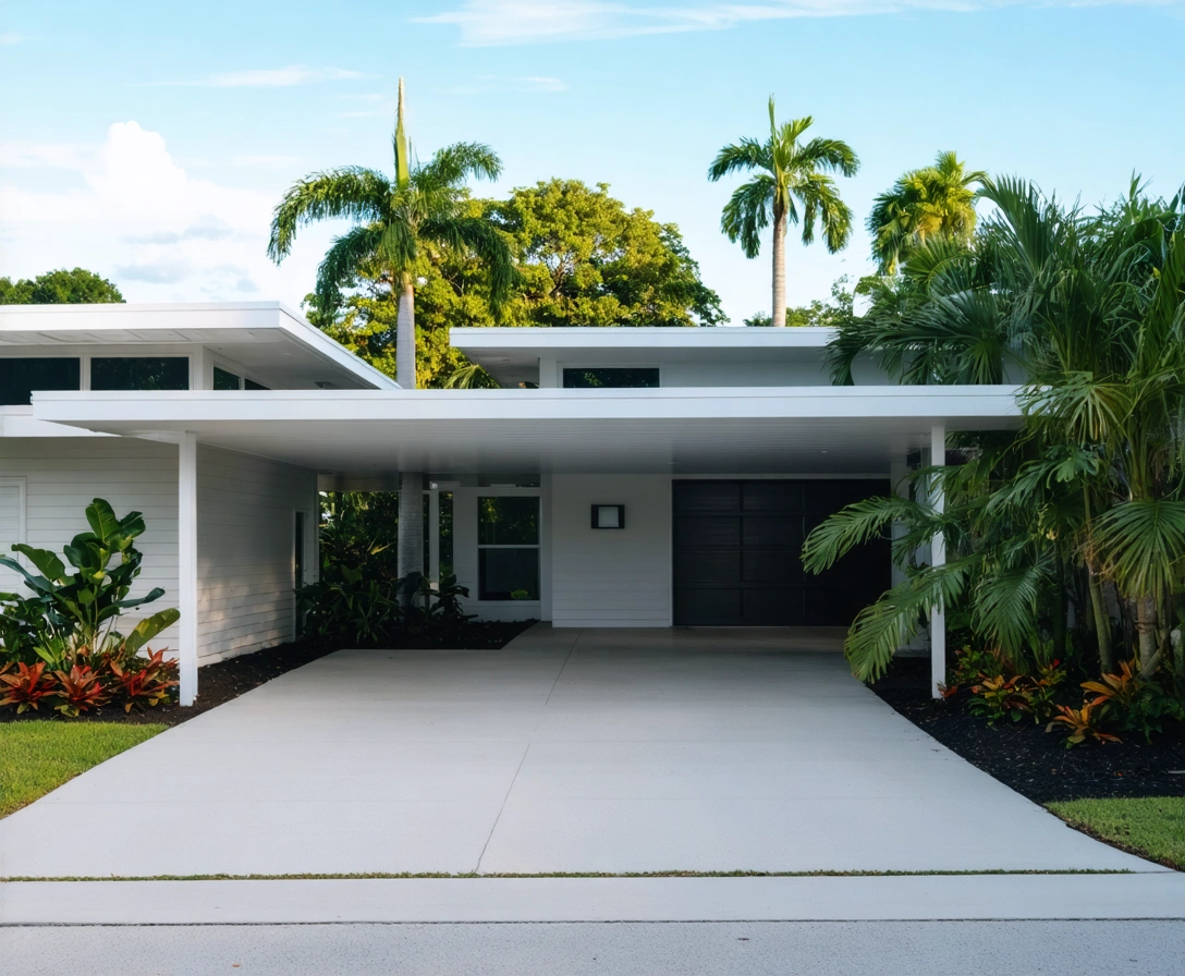 carports-p-4 Large Florida home with modern design and tropical plants nearby
