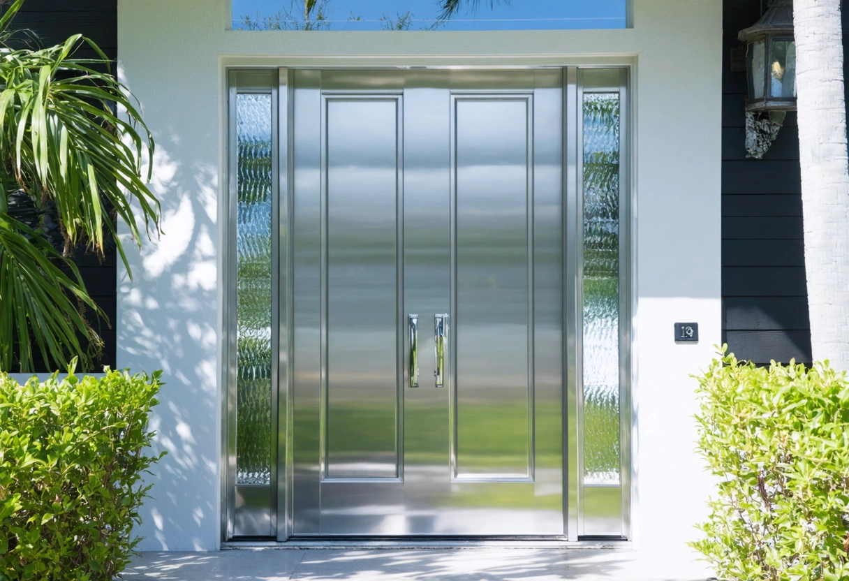 Comparison of wood, steel, and aluminum front entry doors in a tropical residential setting