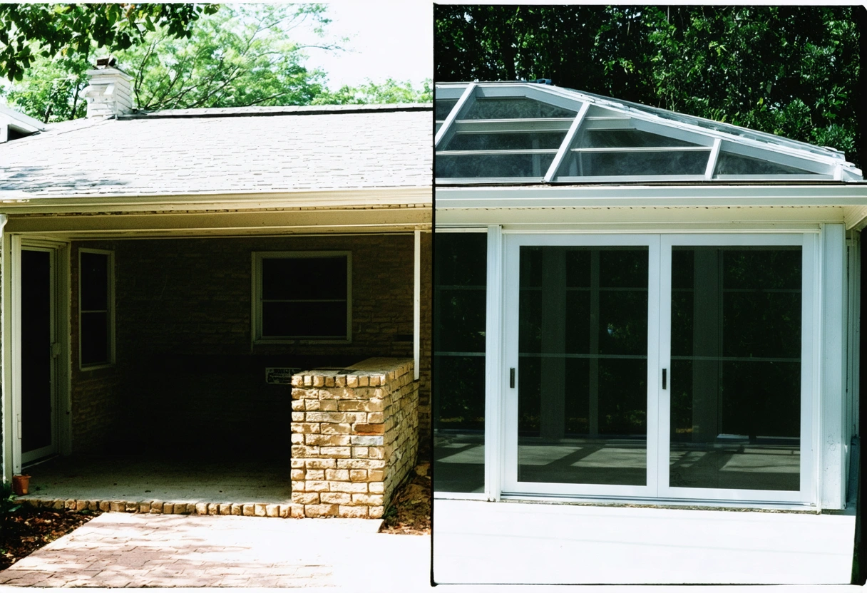 Sturdy concrete block patio enclosure beside open aluminum screen enclosure in a sunny Florida backyard