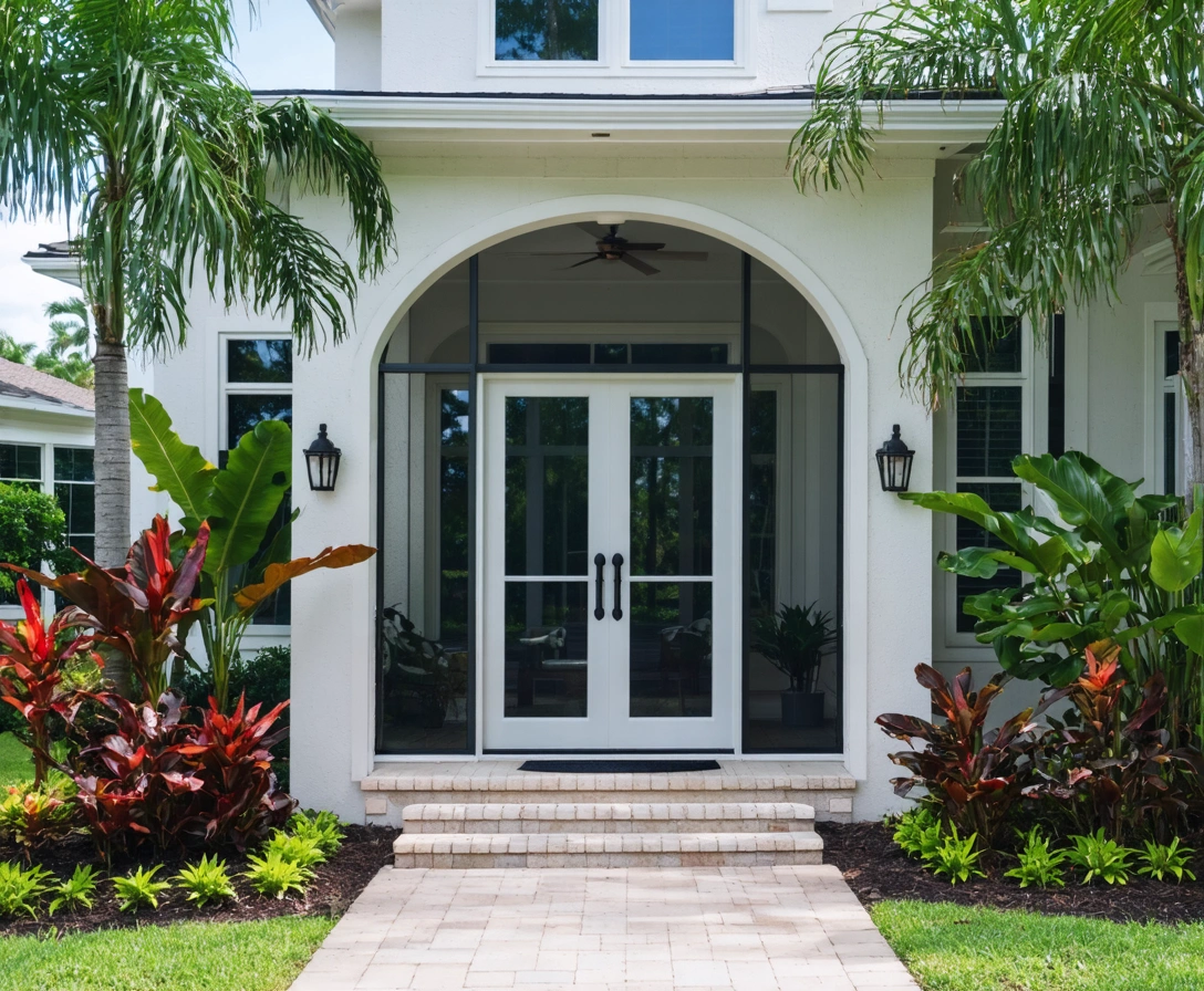 entryway-p-1 Large Florida home with aluminum front entryway and tropical landscaping