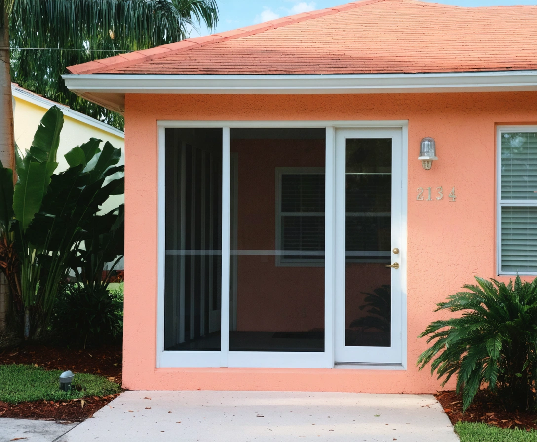 entryway-p-4 Small coral-colored Florida home with aluminum front entryway and tropical landscaping