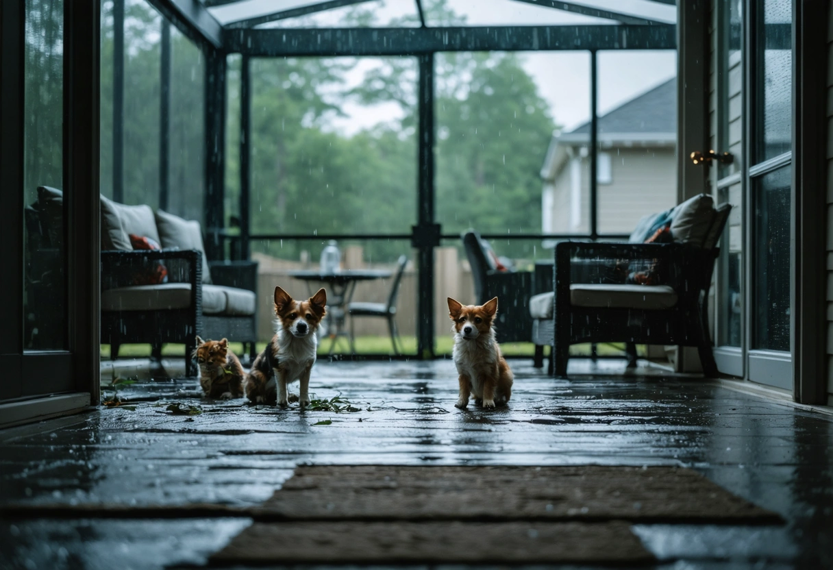 Family and pets sheltered inside a hurricane-rated aluminum patio enclosure with reinforced joints and screens