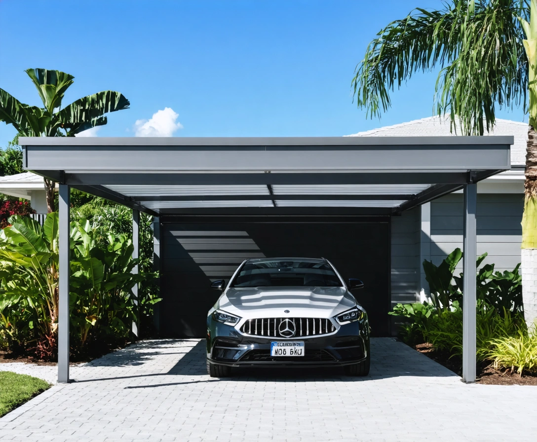 home-page-p2-1 Modern aluminum carport in front of a Florida-style home with tropical plants