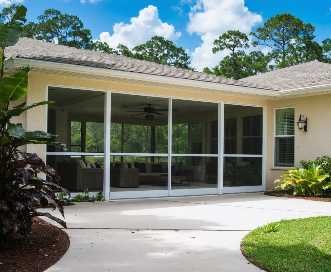 lanai-enclosure-p1-1 Florida home with screened lanai, tropical landscaping and patio furniture