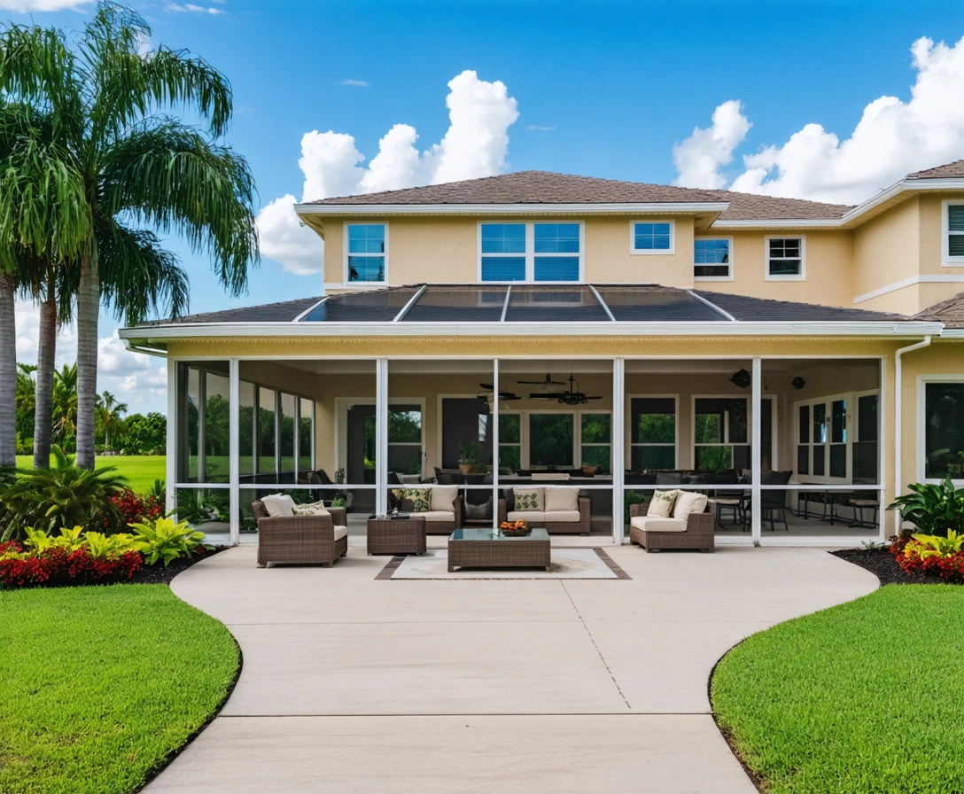 lanai-enclosure-p2a-1 Large Florida home with screened lanai, tropical landscaping and patio furniture
