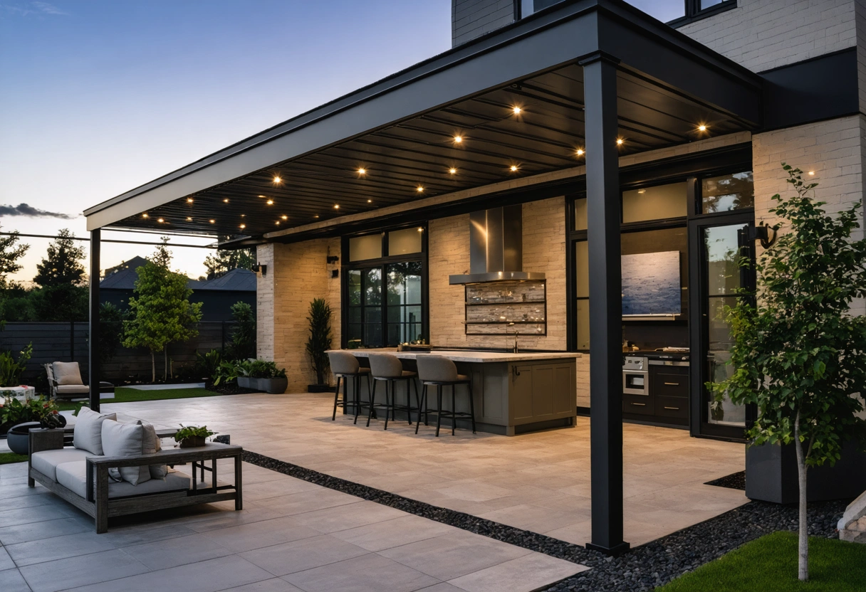 Modern aluminum patio enclosure with powder-coated finish, decorative trim, integrated lighting, and landscaping