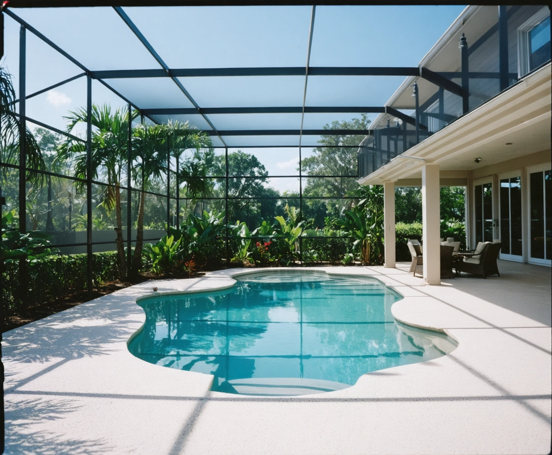 pool-enclosure-p1-3 Modern Florida home with sleek aluminum pool cage and tropical landscaping