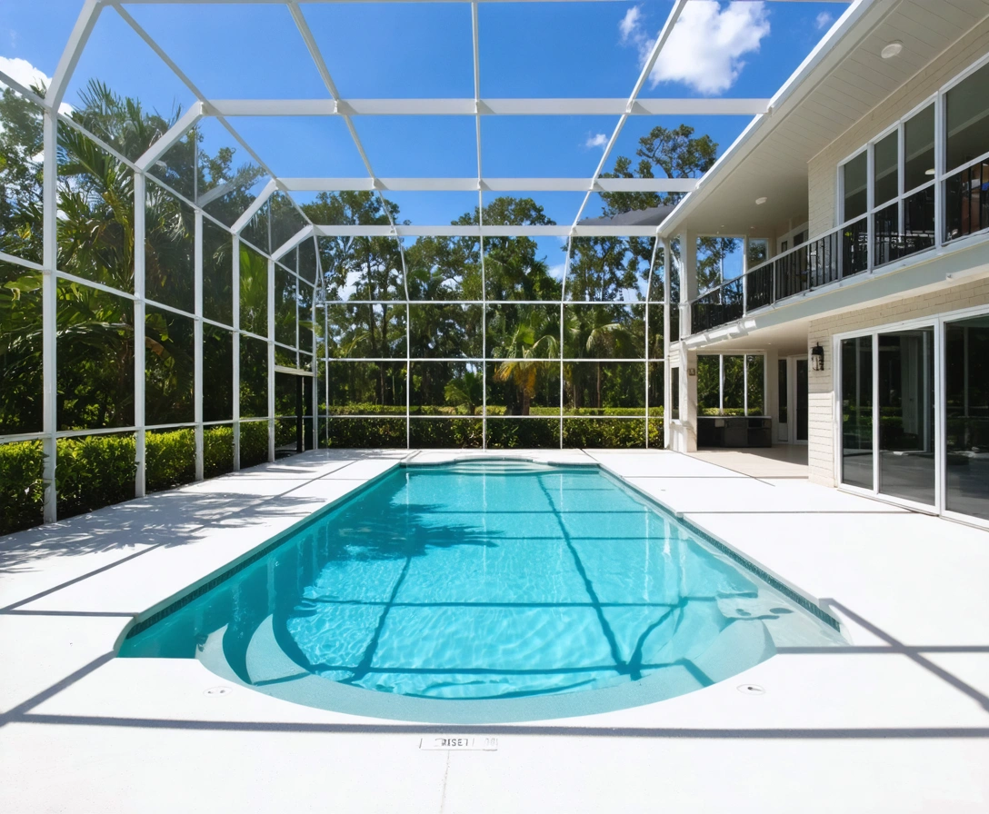 pool-enclosure-p2-1 Modern Florida home with enclosed pool and tropical landscaping under clear skies