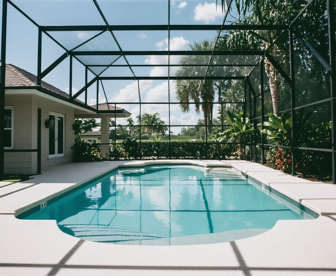 pool-enclosure-p6-2 Modern Florida home with sleek aluminum pool cage and tropical landscaping