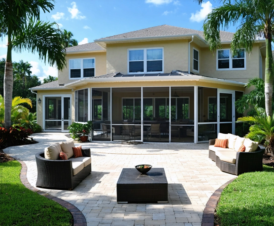 screen-enclosures-p1-1 Large Florida home with screened lanai, tropical landscaping and patio furniture