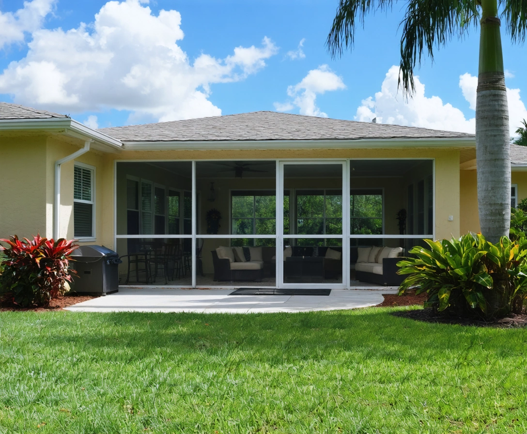 screen-enclosures-p2-1 Small Florida home with screened lanai enclosure and tropical landscaping