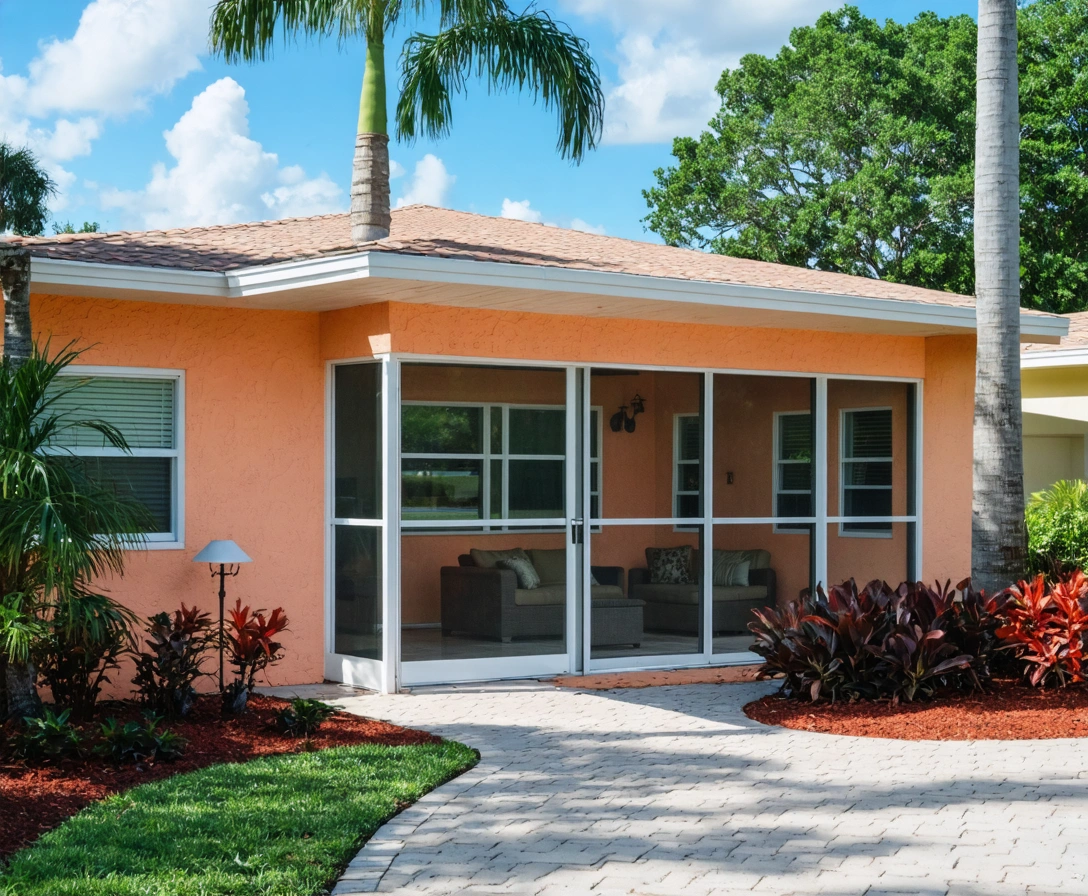 screen-enclosures-p3-1 Small coral-colored Florida home with screened lanai and tropical landscaping