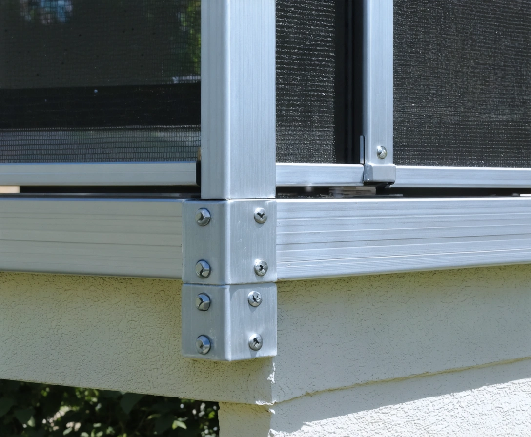 screw-changeouts-p-9 Close-up of aluminum framing with new stainless steel screws