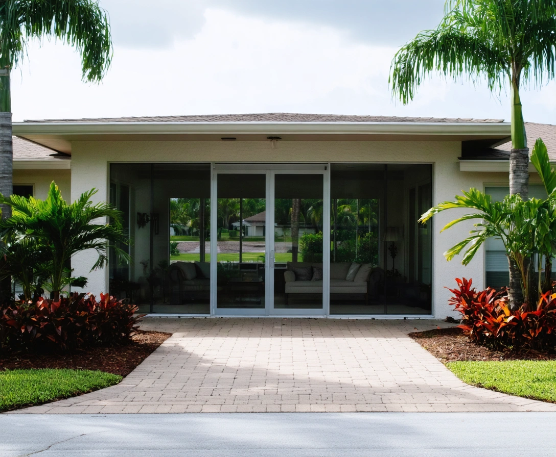Modern suburban Punta Gorda home with aluminum entryway and tropical landscaping