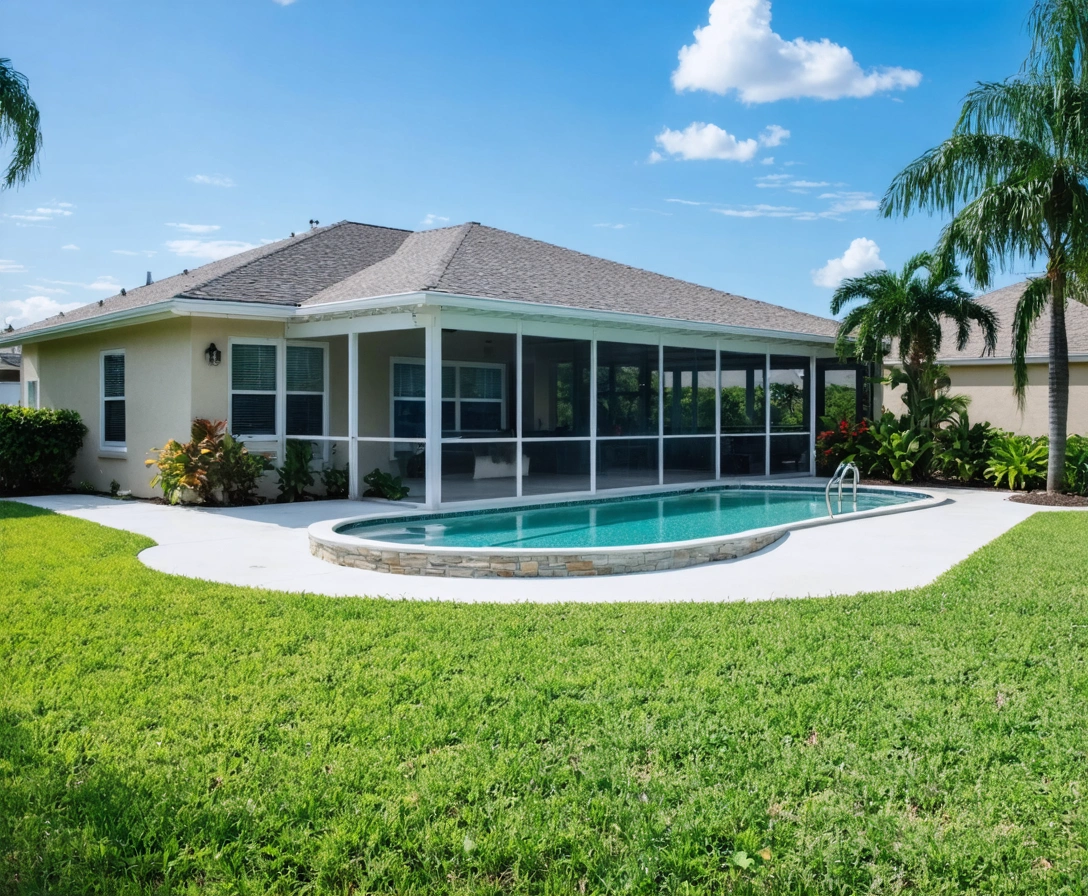 Suburban Punta Gorda home with modern pool enclosure and tropical landscaping