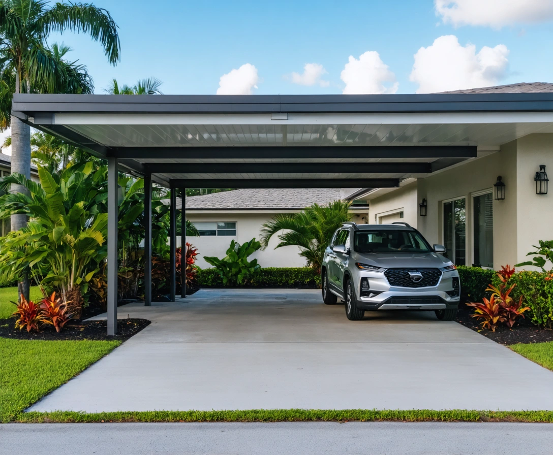 Modern Punta Gorda home with aluminum car port and tropical landscaping