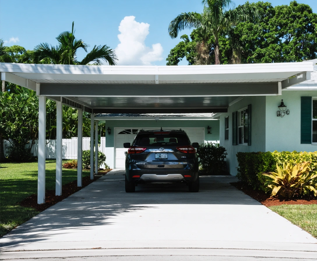 Modern suburban home in Rotonda West with aluminum car port and tropical landscaping