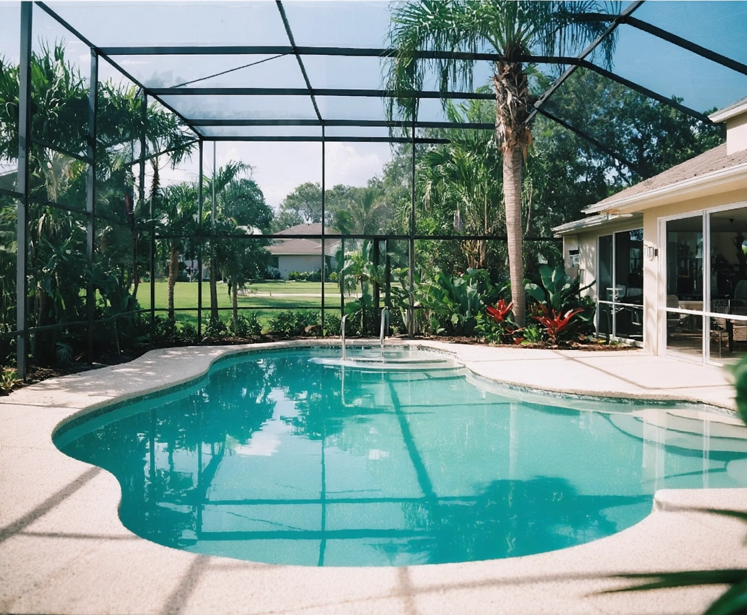 Modern suburban home in Rotonda West with a screened pool and tropical landscaping