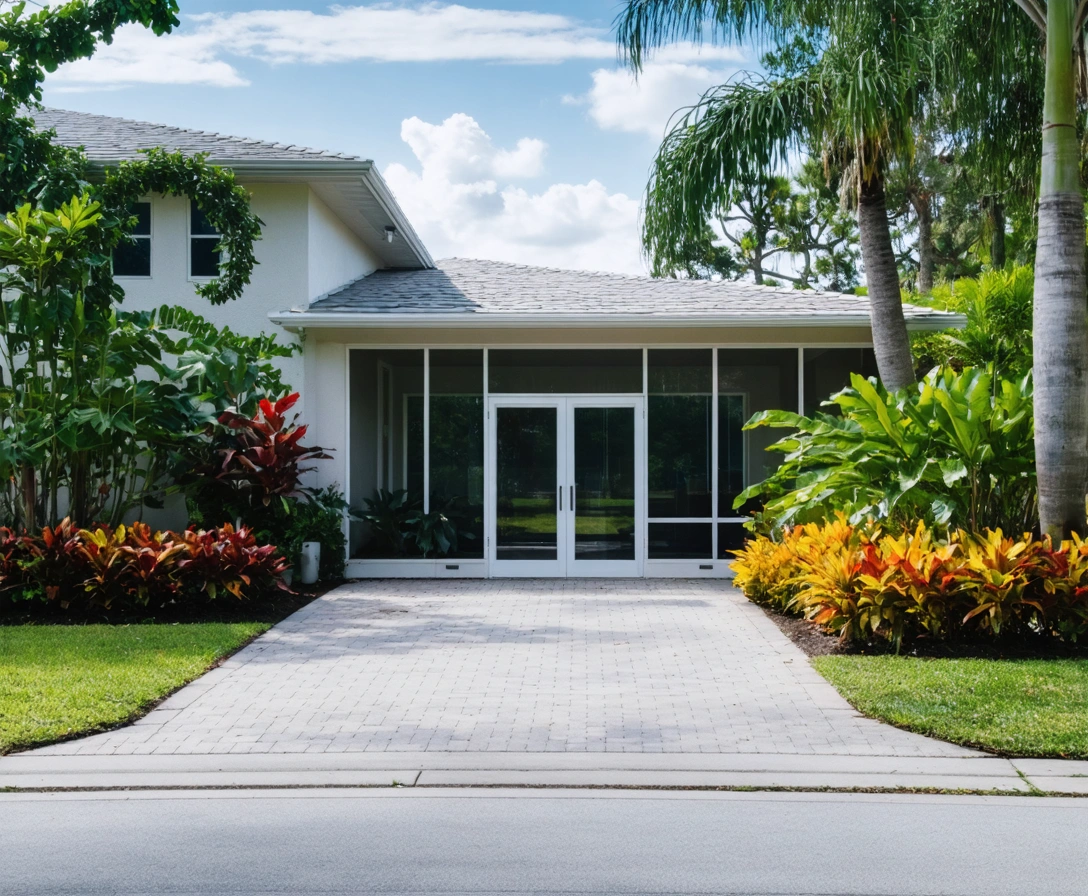 Modern suburban home in Rotonda West with tropical landscaping and aluminum entryway