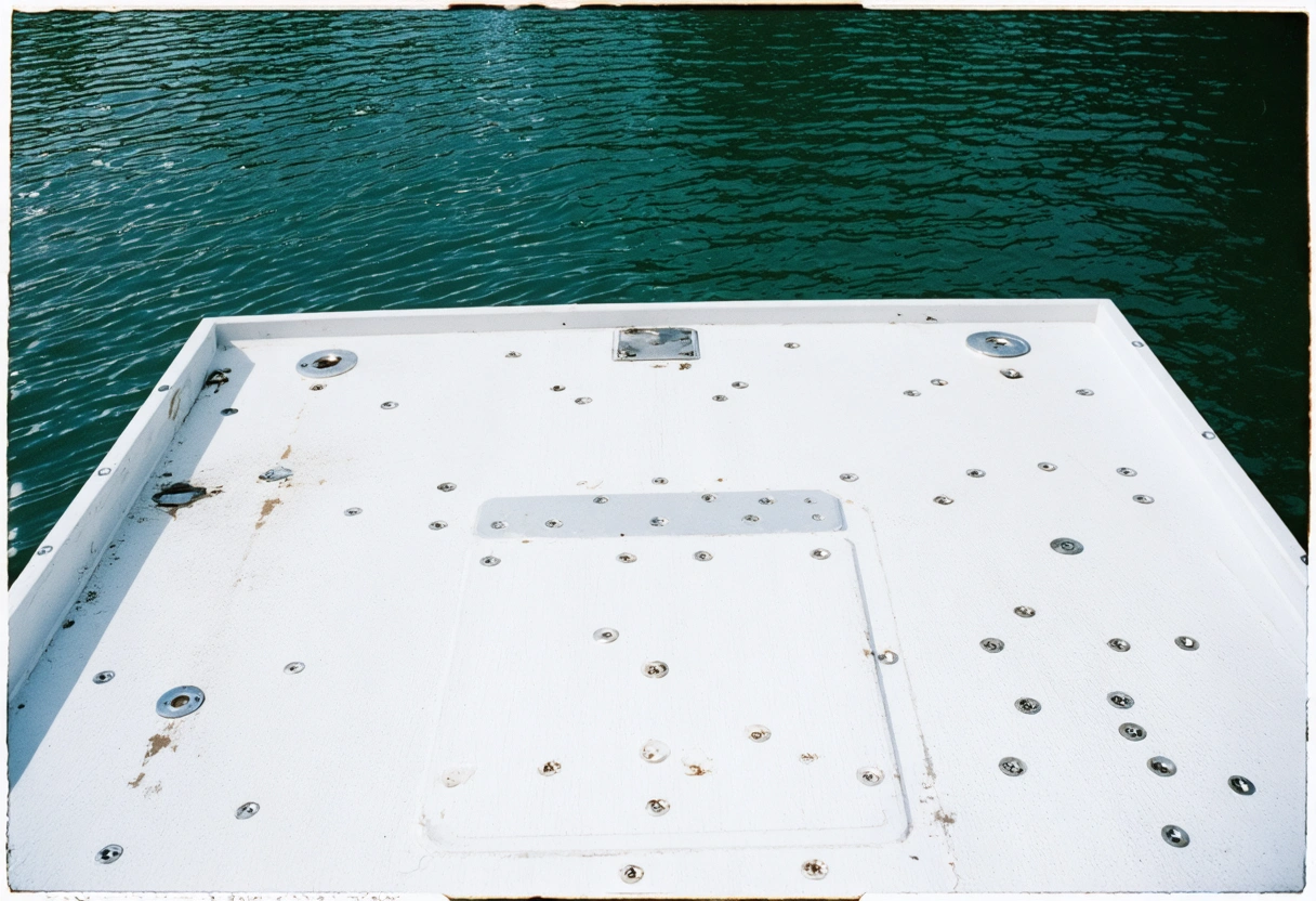 Side-by-side view of aluminum deck with old corroded screws versus new secure screws by a lake