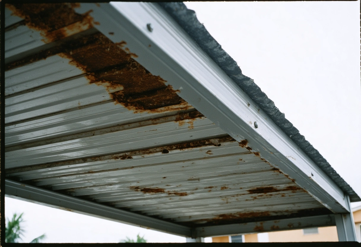 Damaged aluminum carport with rusted, loose screws and misaligned beams under cloudy sky