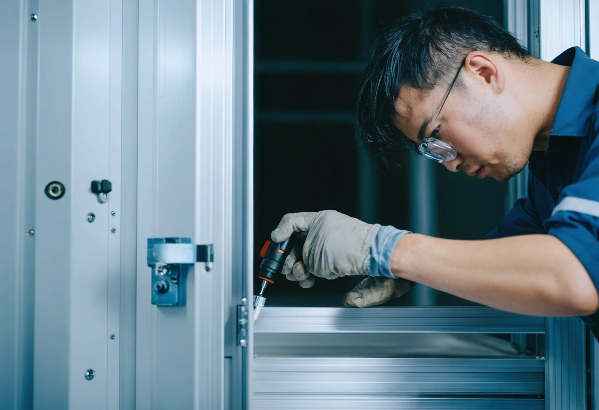 Person inspecting aluminum enclosure fasteners and joints with flashlight and screwdriver, closeup view
