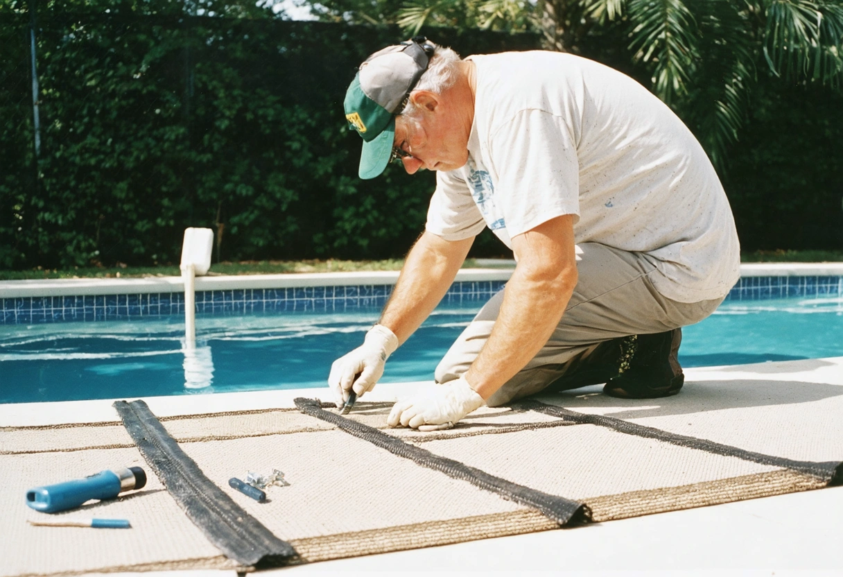 Florida homeowner patching small tear in pool enclosure screen with repair kit and tools nearby