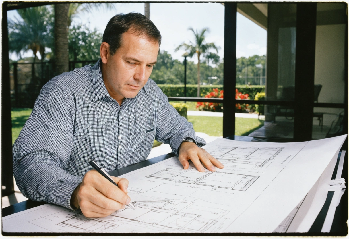 Florida homeowner reviewing screen enclosure blueprints and permits near municipal building, organized workspace