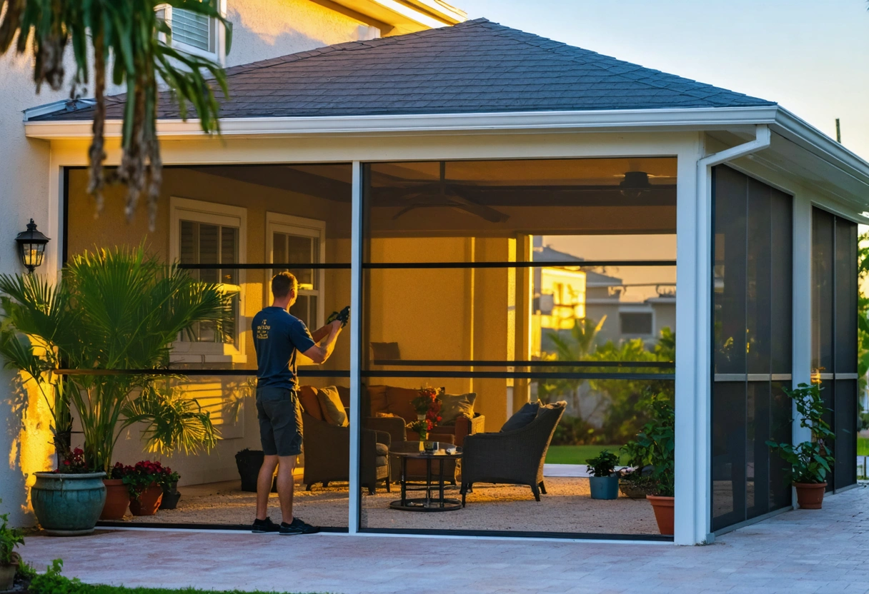 Clean Florida screen enclosure with outdoor furniture, potted plants, person inspecting screens at sunset