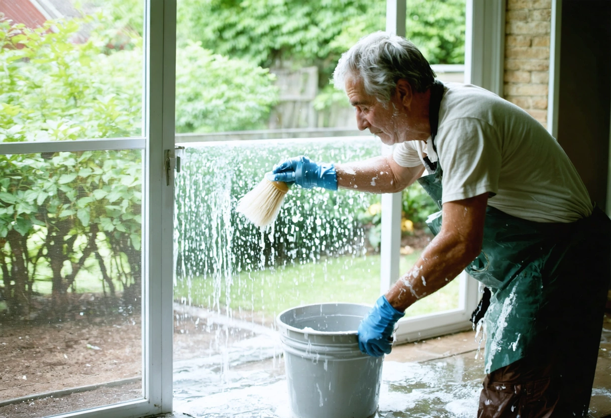 Homeowner cleaning aluminum enclosure frame with soft brush and soapy water, garden visible through screens