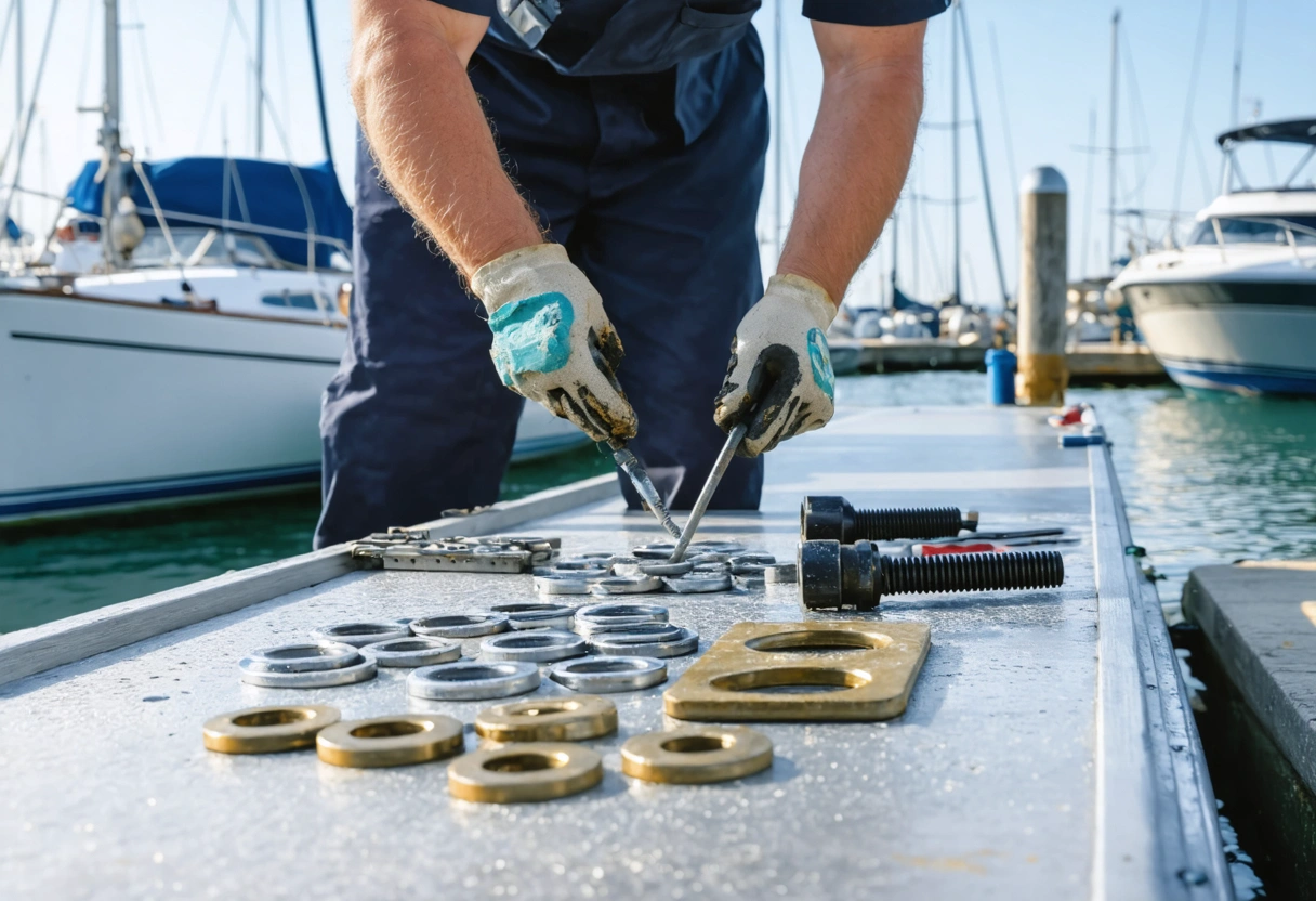 Dock worker replacing screws with nylon washers on aluminum dock, boats and water in background
