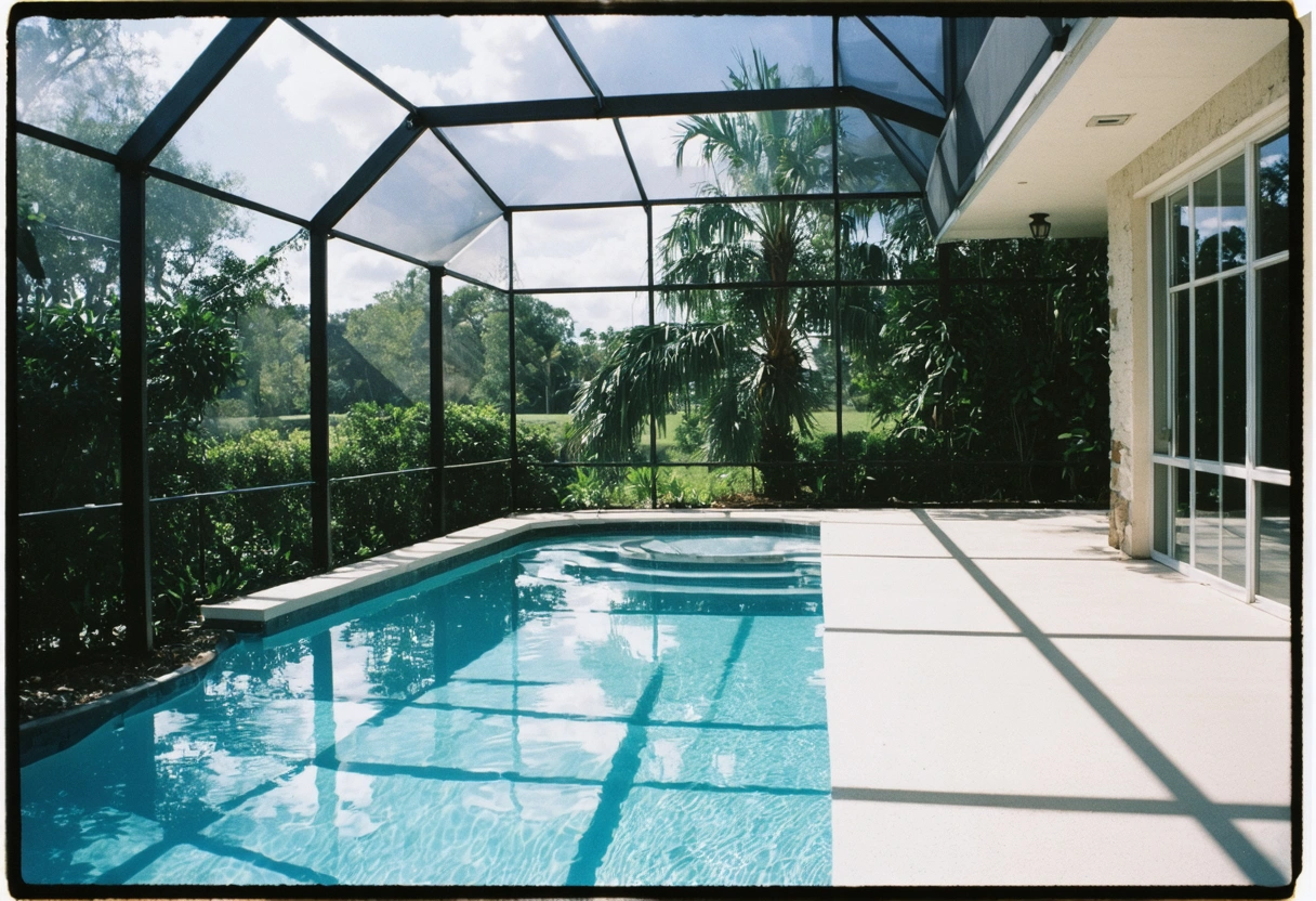 Interior view of modern aluminum pool enclosure with clear pool, palm trees, and sunlight