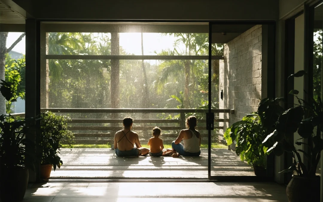 Modern Florida patio with mesh screen enclosure, sunlight, greenery, and family relaxing inside.