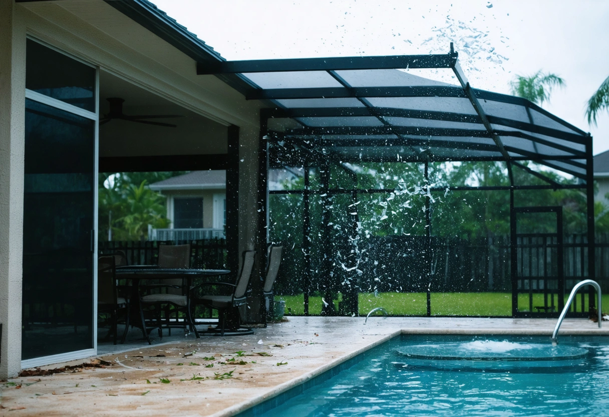 Aluminum pool enclosure protecting Port Charlotte home patio from airborne storm debris under cloudy sky