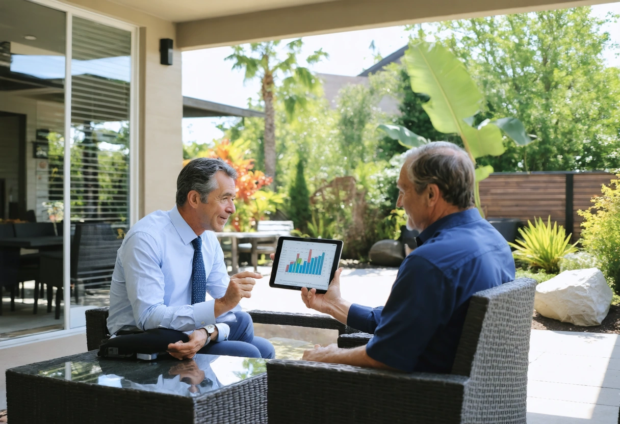 Real estate agent and homeowner discussing on screened patio with home value chart, modern enclosure, tropical garden