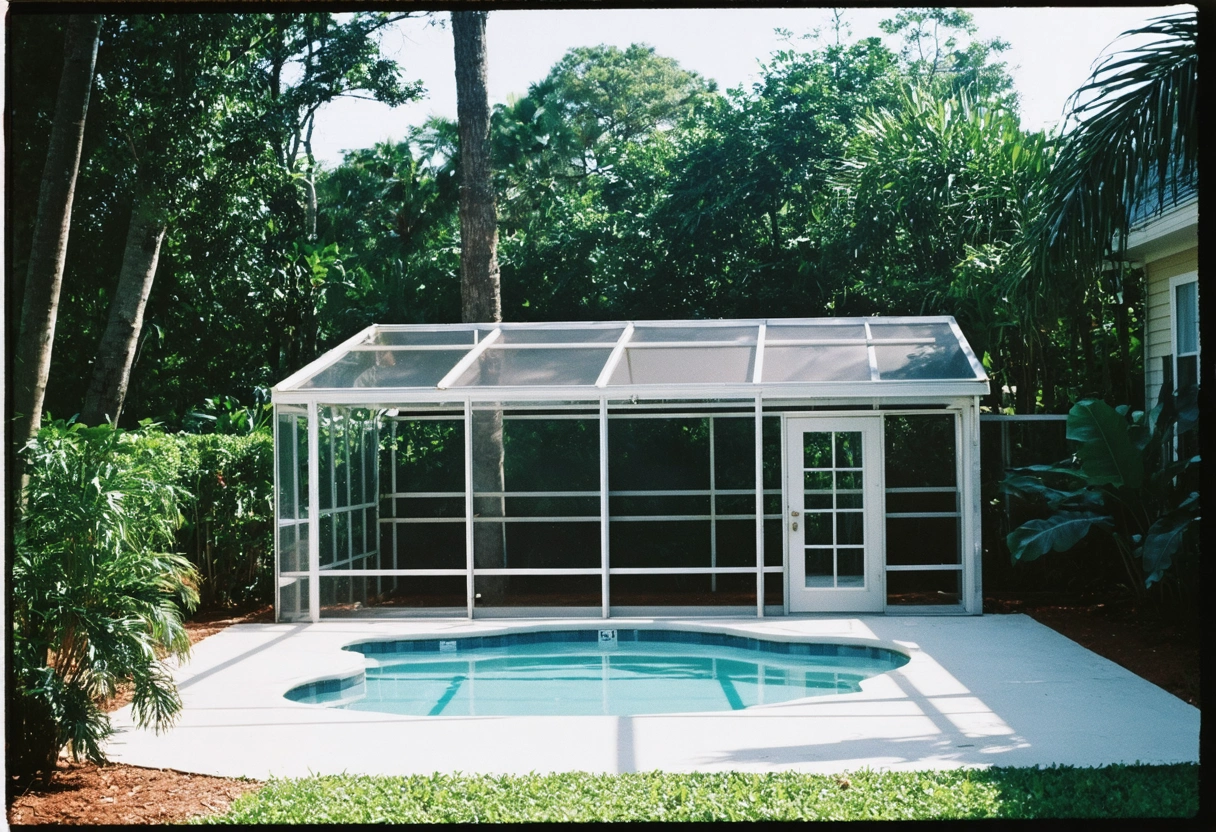 Screened-in pool enclosure in Florida backyard with clear pool, tropical plants, and secure doors