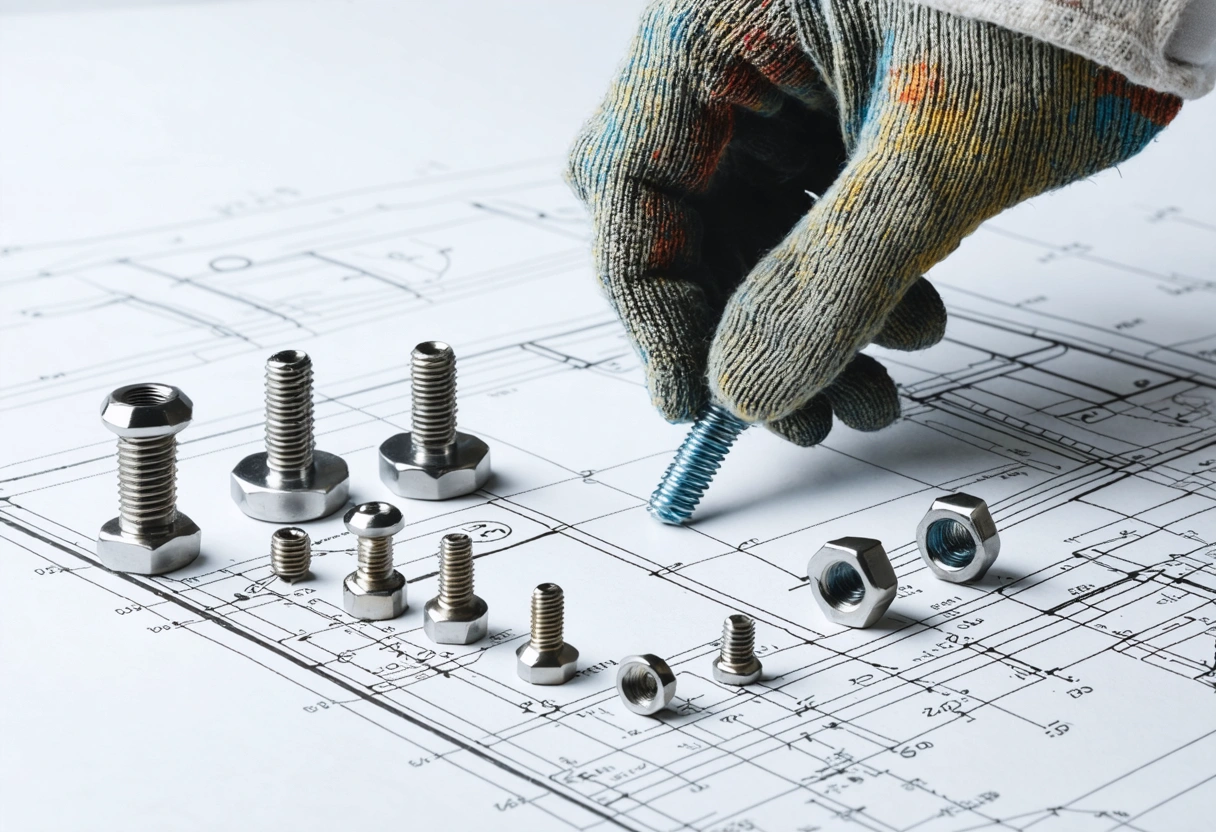 Stainless steel and anodized screws arranged on blueprint, gloved hand selecting correct size