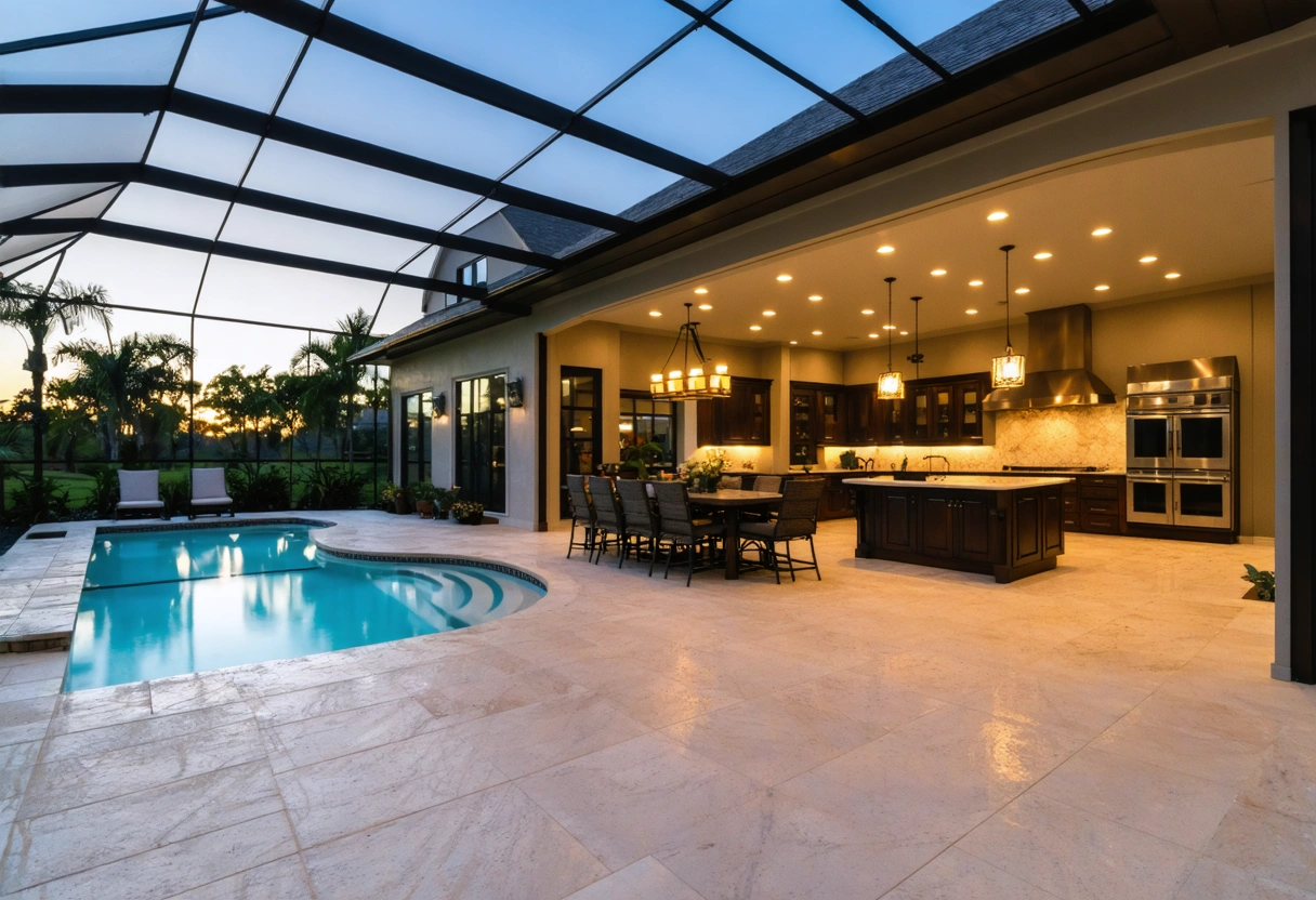 Spacious pool enclosure featuring lounge area, dining set, kitchen, family relaxing, tropical landscaping at sunset