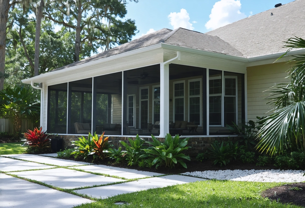 Screen enclosure matching Florida home exterior with coordinated trim, native plants, and pavers
