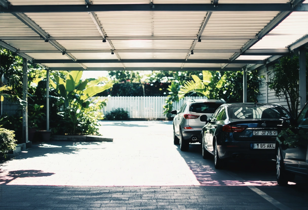 Aluminum carport roof reflecting sunlight, shading parked cars, surrounded by tropical plants overhead