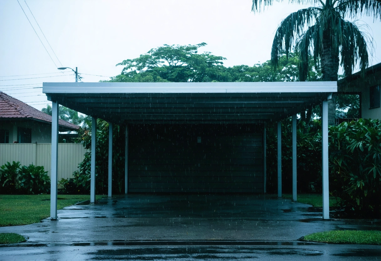 Aluminum carport with reinforced supports during tropical rainstorm, palm trees swaying, wet driveway