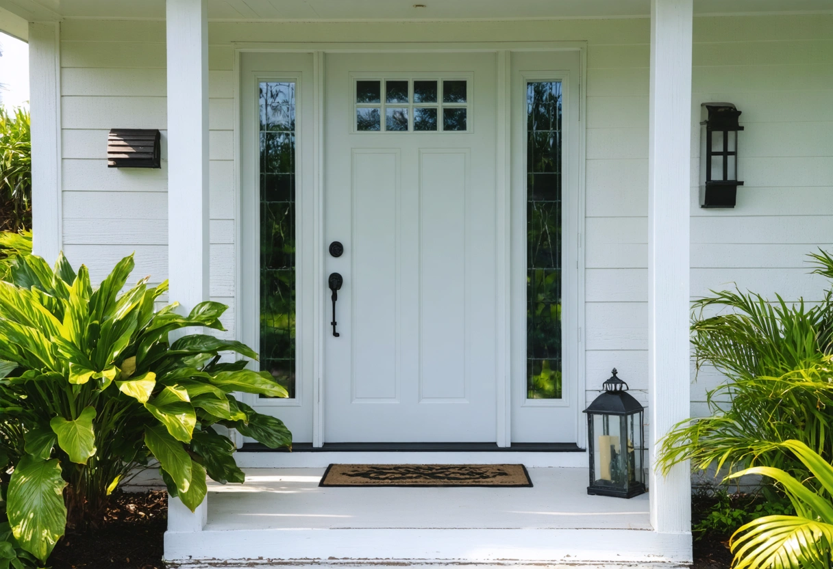 Aluminum entryway on coastal Florida home, salt spray, protective coating, lush greenery, bright morning
