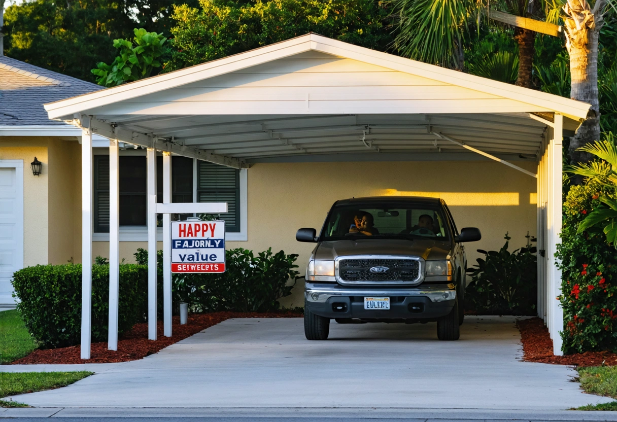 Attractive aluminum carport boosting curb appeal, real estate sign and happy family in front