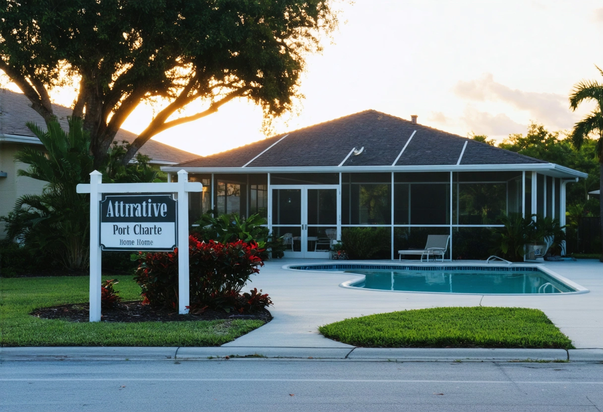 Stylish aluminum pool enclosure on Port Charlotte home with landscaping, real estate sign, sunset lighting