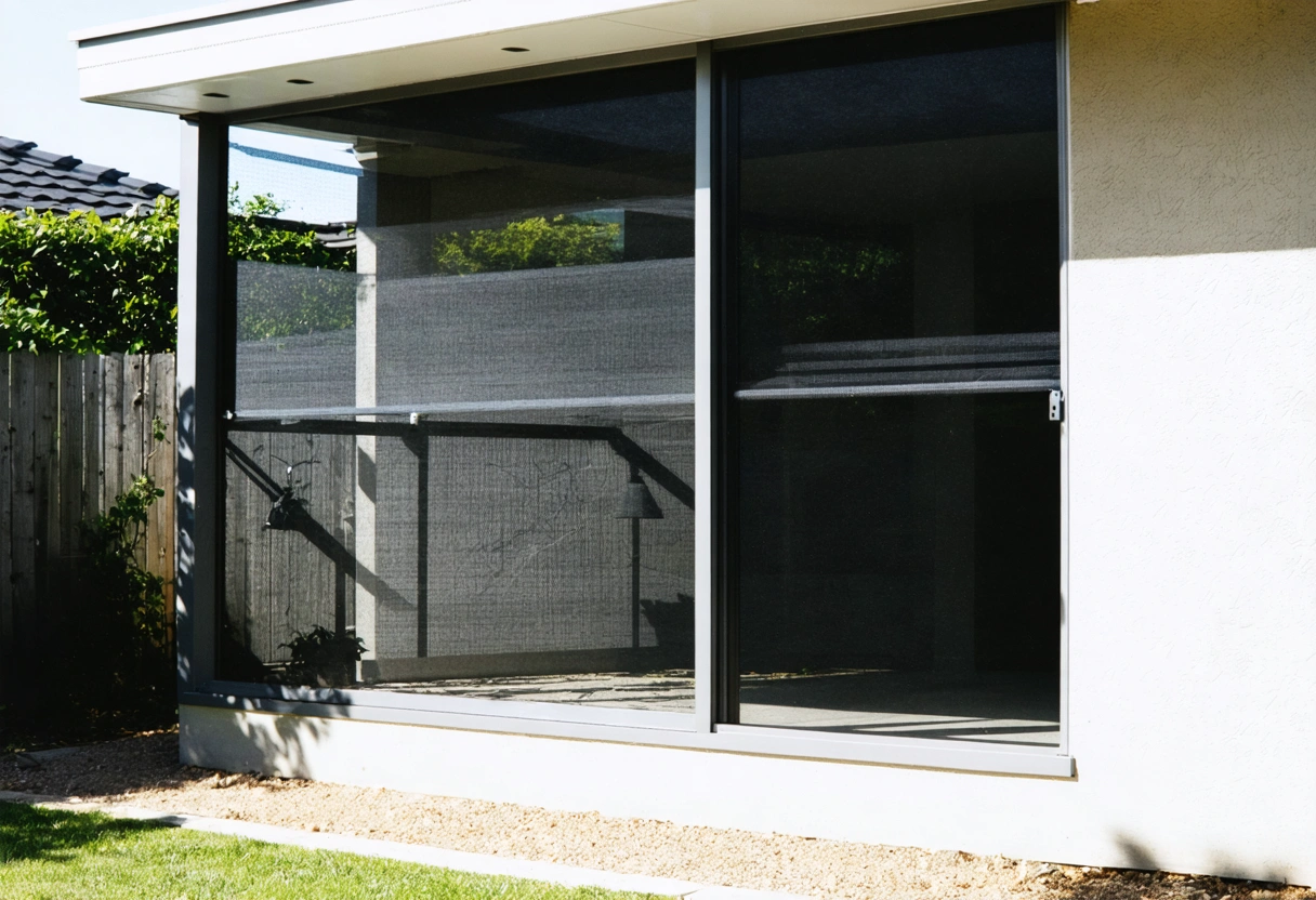Close-up of custom aluminum patio enclosure showing powder-coated frame, high-visibility screen, and sliding door
