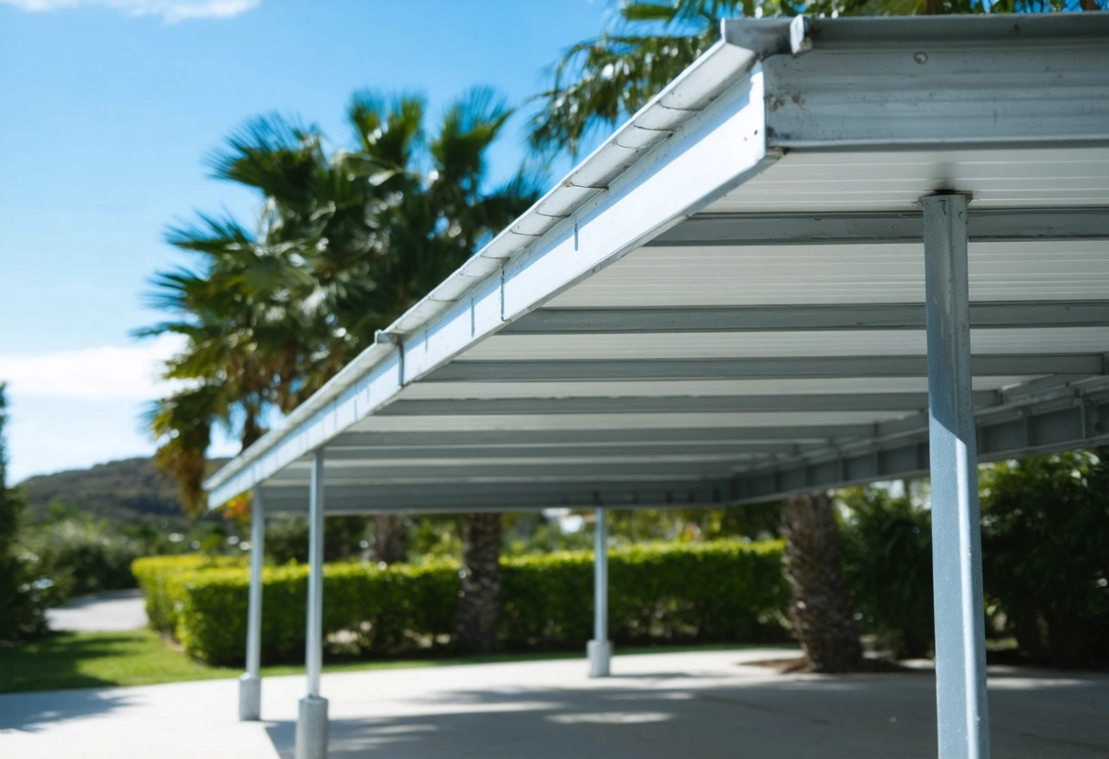 Close-up of aluminum carport beams with salt-air patina, palm trees and blue sky behind
